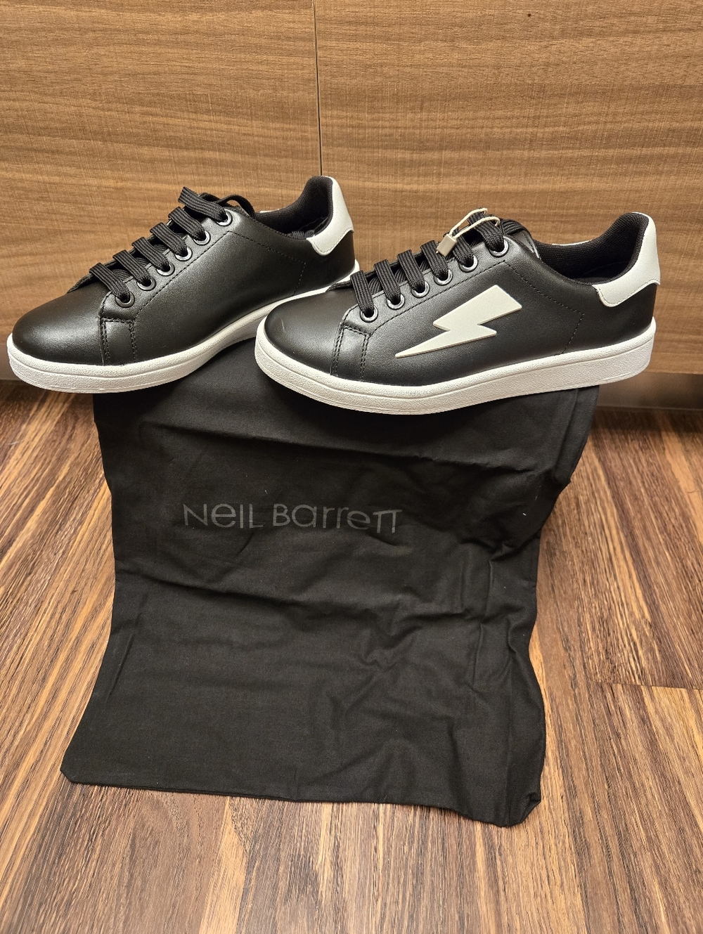 Neil Barrett Black and White Lightning Bolt Leather Sneakers